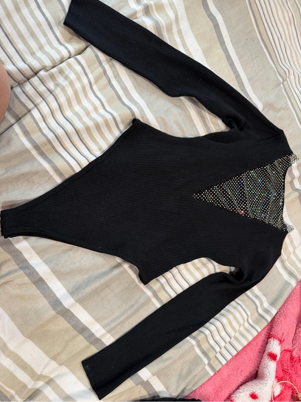 Black Ribbed Long-Sleeve Bodysuit with Rhinestone Panel